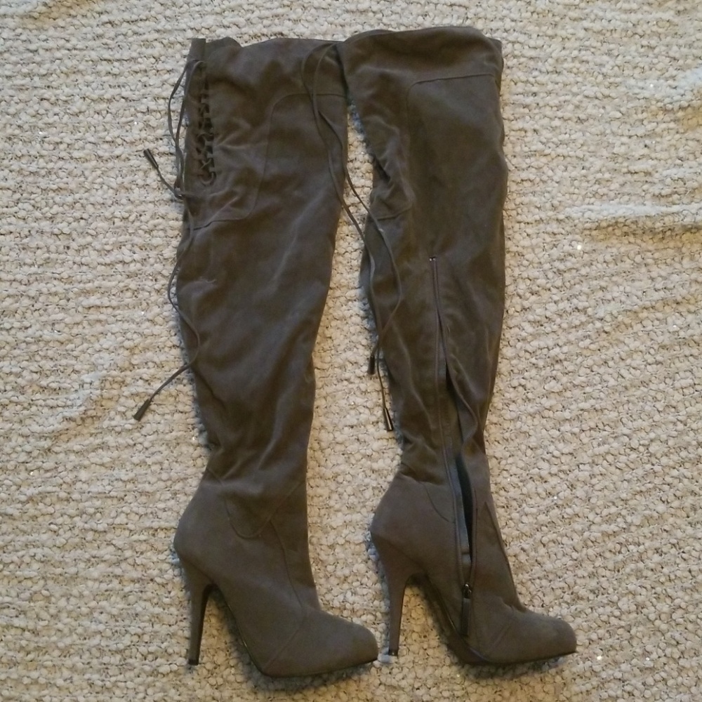 Gray suede thigh high boots